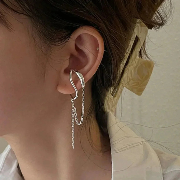 925 Sterling Silver Earring Cuffs Tassel Drop Ear Cuff No Pierce Earrings - Picture 1 of 6